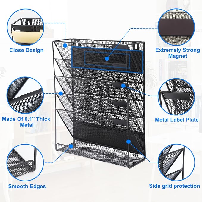 EASEPRES Magnetic File Organizer Mesh 6-Tier, Hanging Wall Mount File Organizer - Image 3