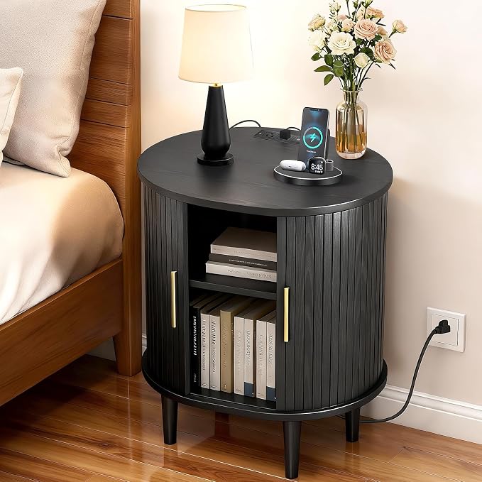 Nightstand with Charging Station, Fluted Accent Side Table with Sliding Door & by DHHFurnitureBuyNow