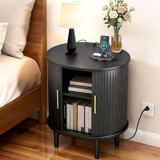 Nightstand with Charging Station, Fluted Accent Side Table with Sliding Door & by DHHFurnitureBuyNow