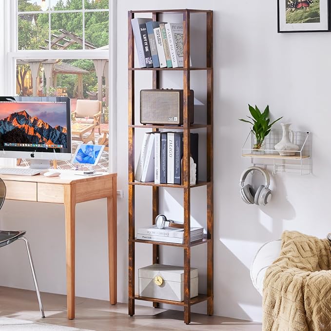 YUFAM 6 Tier Tall Skinny Bookshelf, Narrow Bookcase, Wooden Shelf, Narrow Shelf by YUFAM