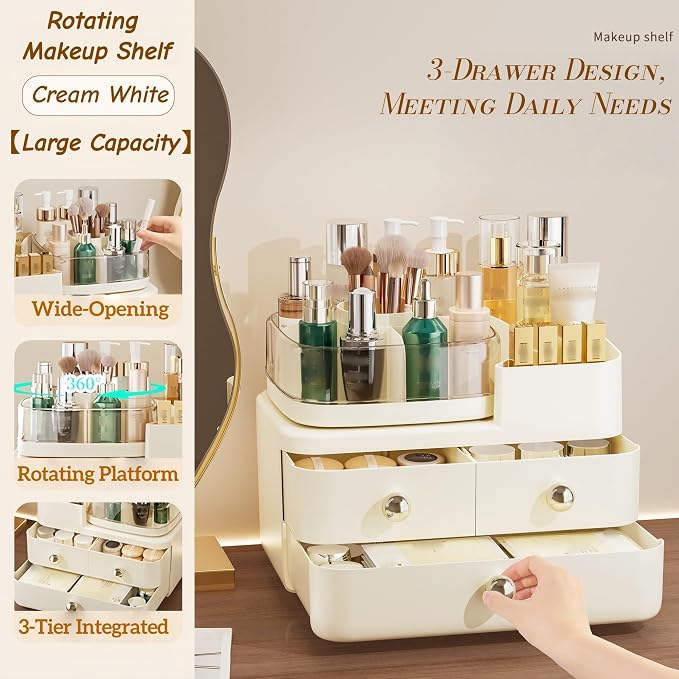 Makeup Organizer with Drawers and 360° Rotating Brush Holder, make up organizers - Image 8