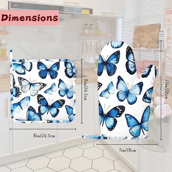 Blue Butterfly Heat-Resistant Silicone Oven Mitts and Pot Holder 4 Piece Set - Image 2