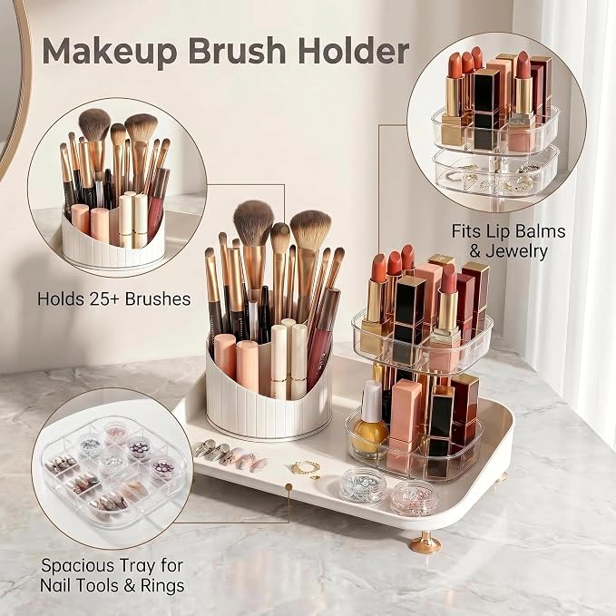 Makeup Brush Holder with Lid, 360 Rotating 3-in-1 Acrylic Organizer - Image 2