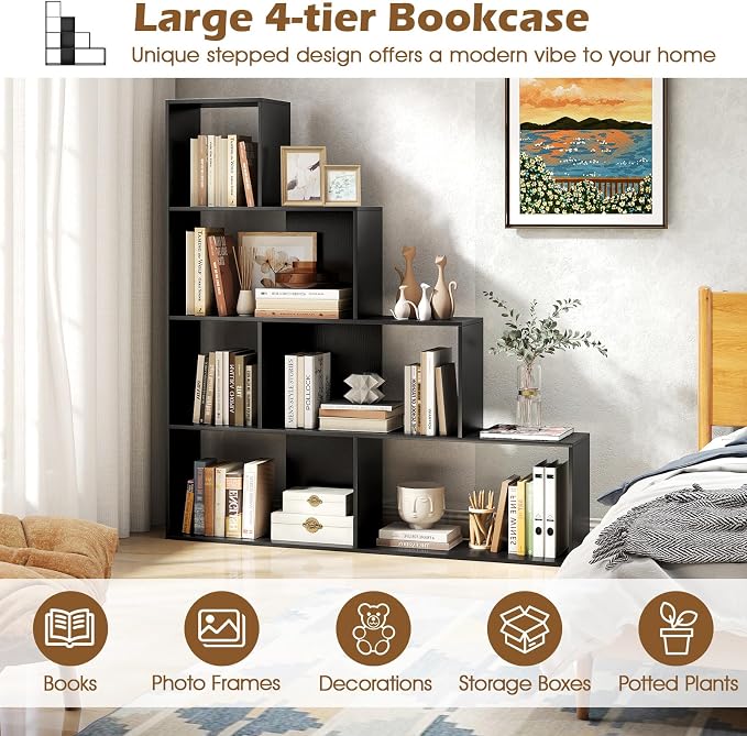 Tangkula 4-Tier Stepped Bookshelf, Freestanding 6 Cubes Ladder Bookcase - Image 6