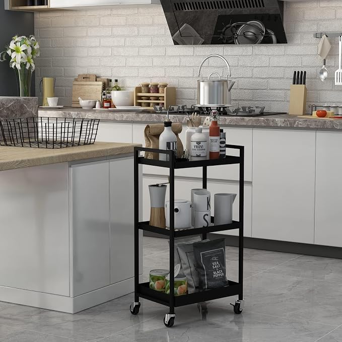 3-Tier Metal Cart with Wheels, Three Tier Rolling Cart, Utility Cart on Wheels - Image 2