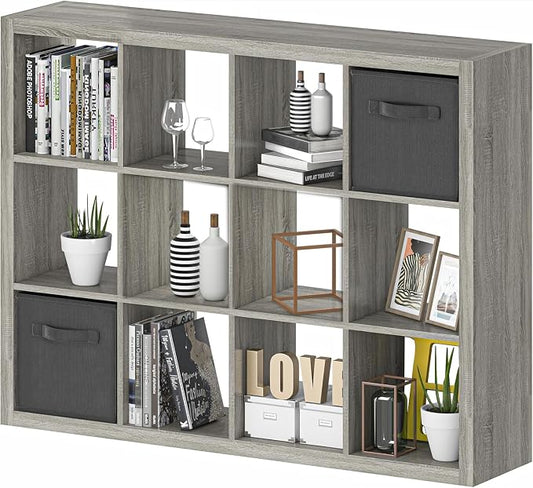furtble Bookshelf with Storage Bins, 12-Cube Storage Organizer, Modern Wood by furtble