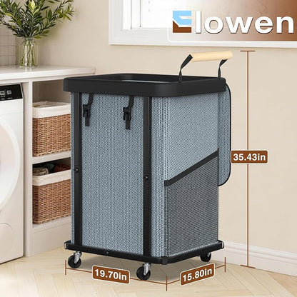 40 Gal Laundry Hamper with Lid, Leather Patchwork Laundry Basket with Rolling - Image 6