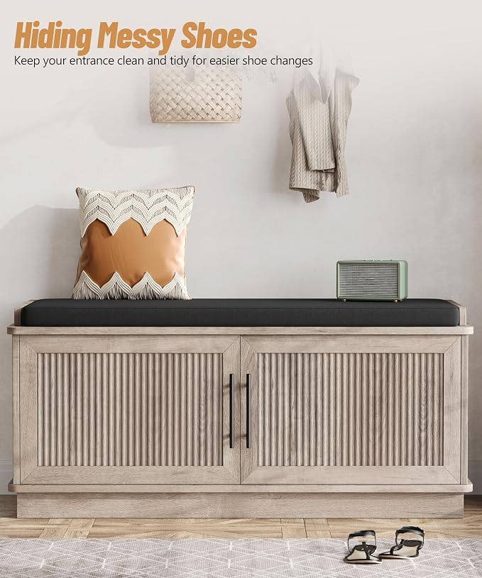 Akxomel 39.4" Fluted Shoe Storage Bench 2 Doors Wooden Entryway Bench Greige - Image 5