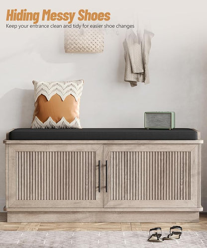 Akxomel 39.4" Fluted Shoe Storage Bench 2 Doors Wooden Entryway Bench Greige - Image 5