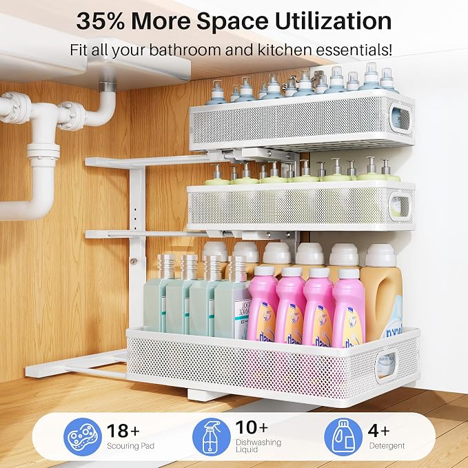 Under Sink Organizer, Height Adjustable Slide out Storage Drawer Rack - Image 4