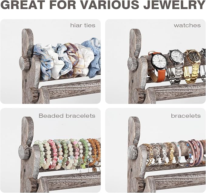 TOPNEW 4 Tier Wooden Bracelet Holder, Scrunchie Bangle Watch Necklace Display - Image 6