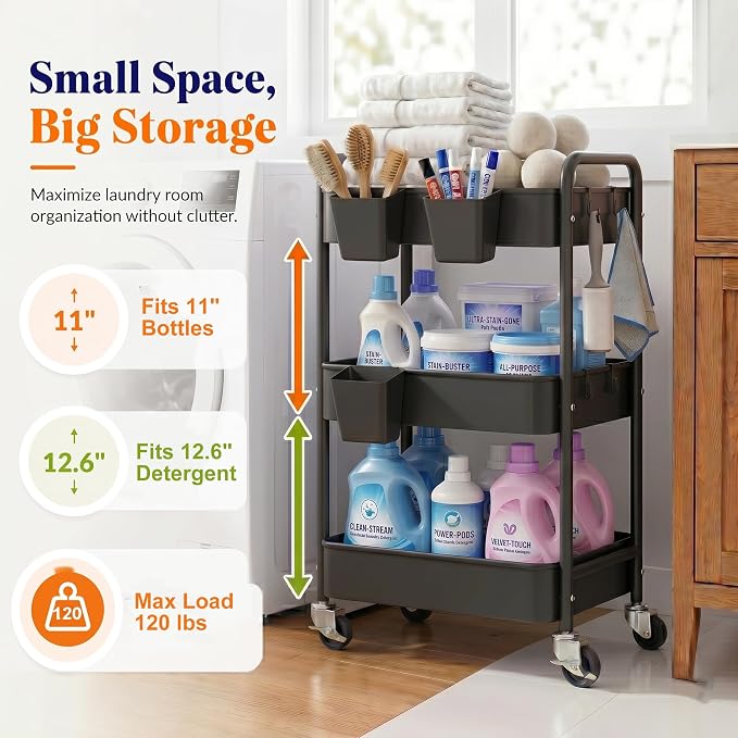 3 Tier Rolling Cart Metal with Wheels, Storage Utility Trolley Carts - Image 4