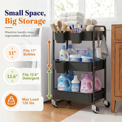 3 Tier Rolling Cart Metal with Wheels, Storage Utility Trolley Carts - Image 4