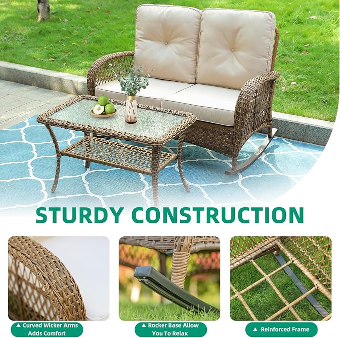 VIVIJASON Outdoor Wicker Loveseat Rocking Chair - Image 7