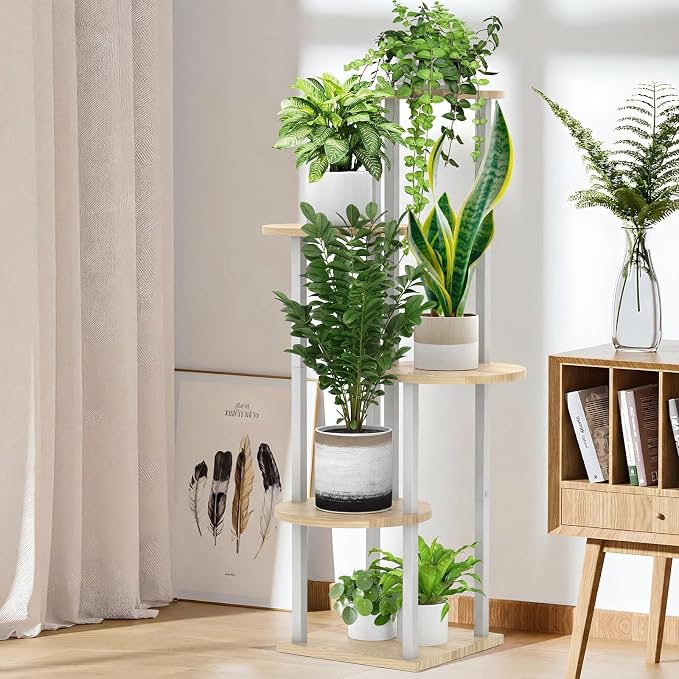 5 Tier Wood Tall Plant Stand Metal Rack Indoor, Round Planter Shelf Display - Image 6