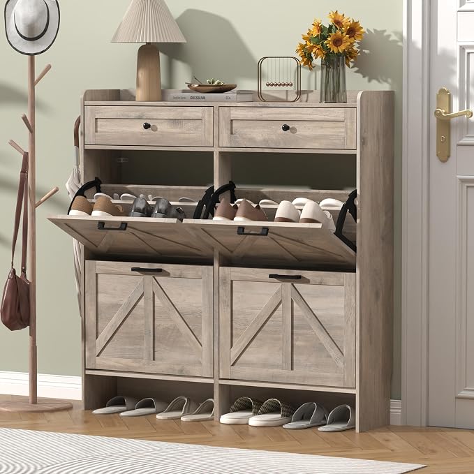 Thacuok Shoe Cabinet with 4 Flip Drawers & 2 Storage Drawers, Rustic Farmhouse - Image 3