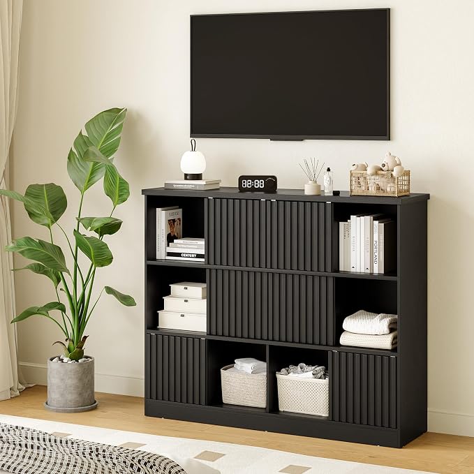 iPormis 12 Cube Bookcase with 6 Fluted Sliding Doors, 3 Tier Wooden Bookshelf - Image 9