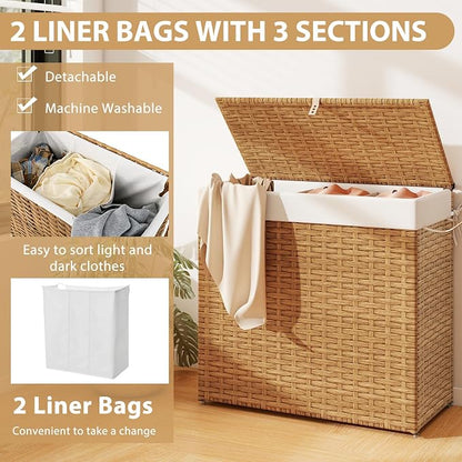 Giantex Laundry Hamper w/Wheels, 3 Section Hamper 125L w/2 Removable Liner Bags - Image 7