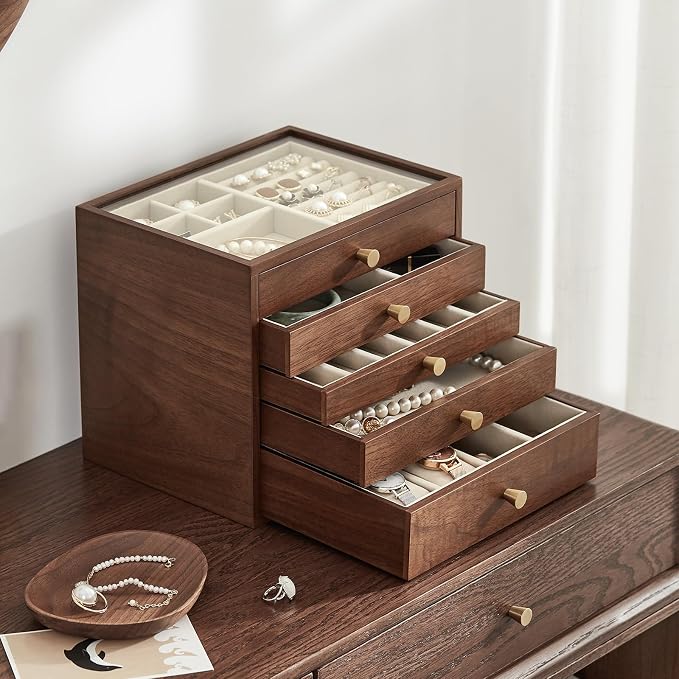 Black Walnut Wooden Jewelry Box Women large 5 Layer Drawer Wood Organizer Box - Image 3