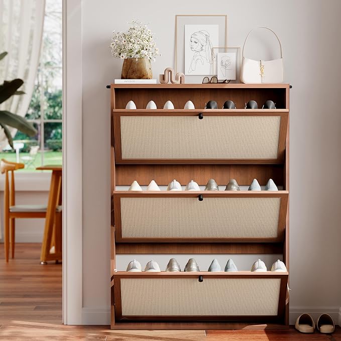 Rattan Shoe Cabinet with 3 Flip Drawers, Simple Setup Hidden Shoe Rack by HenstatechWarmFurniture