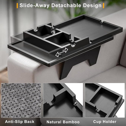 Black Couch Cup Holder Tray - 2 in 1 Couch Armrest Table - Foldable Sofa - Image 2