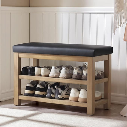 Zihanhome Shoe Rack Bench with Leather Cushion, 2 Tier Solid Wood Storage Bench by Zihanhome