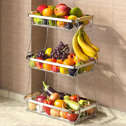 3-Tier Fruit Basket with Banana Hangers, Detachable Metal Bowl | Wooden handle by Sevenblue