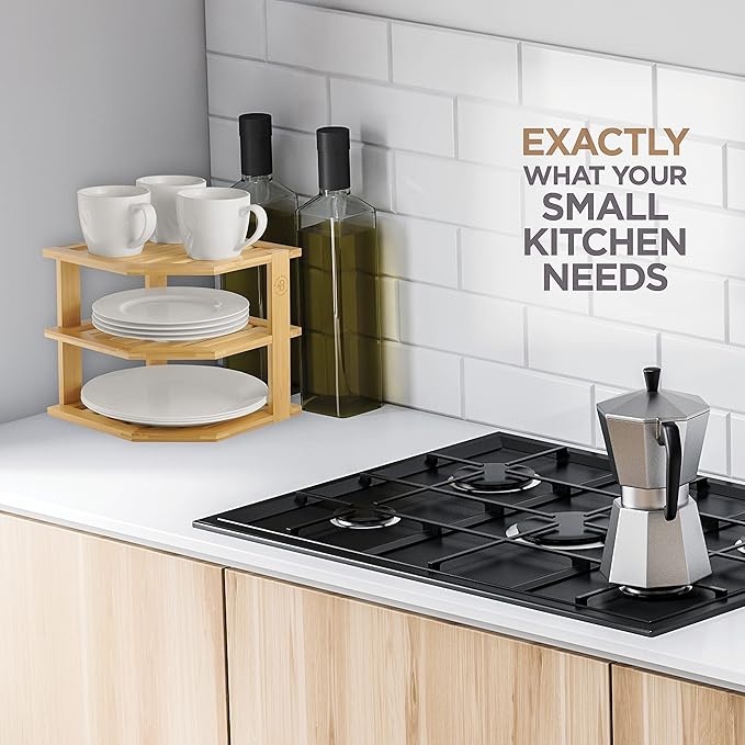 Plate Organizer for Cabinet, Corner Shelf, Bamboo 3-Tier Kitchen Organizer | - Image 7