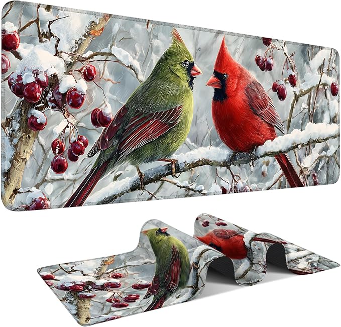 Winter Cardinal Bird Gaming Mouse Pad 31.5"x11.8"Desk Mat Anti-Slip Rubber Base by ANNAQUEEN