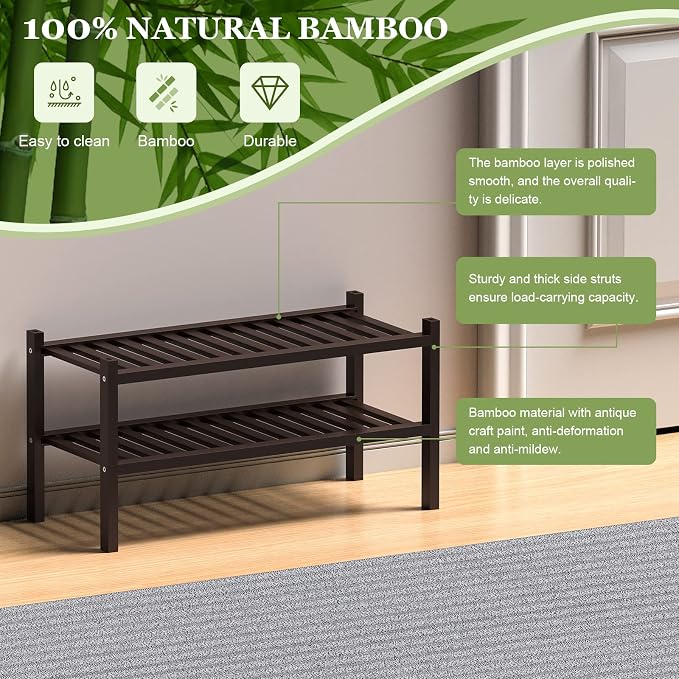 2 Tier Bamboo Shoe Rack for Closet Free Standing Wood Shoe Shelf for Entryway - Image 6