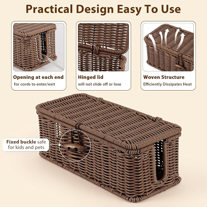 Cable Management Box, Handwoven Faux Rattan Cord Organizer Box - Image 5