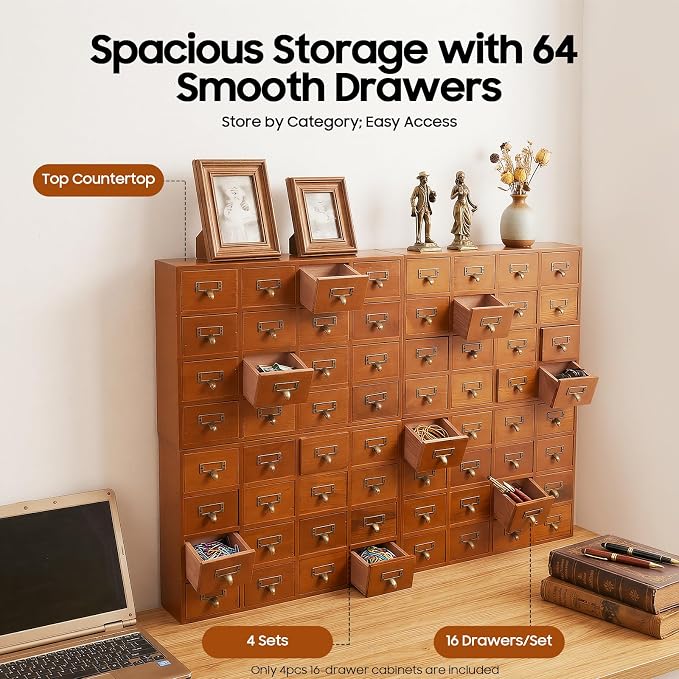 4 PCS Storage Cabinet 64 Drawer Organizer Wooden Brown Apothecary Cabinet - Image 4