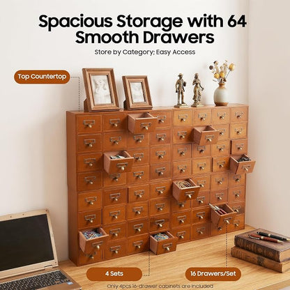 4 PCS Storage Cabinet 64 Drawer Organizer Wooden Brown Apothecary Cabinet - Image 4