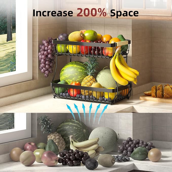 2-Tier Fruit Basket with Banana Hangers, Detachable Metal Bowl | Wooden handle - Image 9