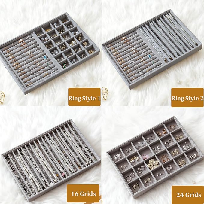 Large Jewelry Drawer Organizer Trays Set of 4, Stackable Velvet Jewelry Trays - Image 2