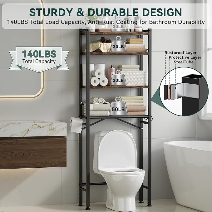GloTika 4-Tier Over The Toilet Storage, 69.3" H, 150lb Capacity, Carbon Steel - Image 7