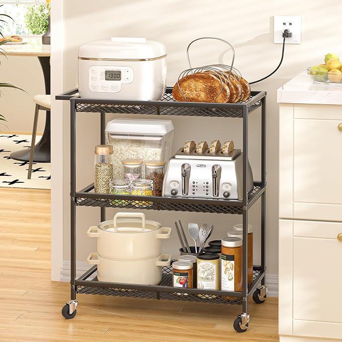 3 Tier Rolling Utility Kitchen Cart, Heavy Duty Wire Rolling Cart on Wheels - Image 2