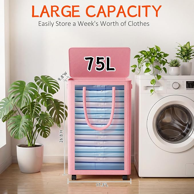 Slim Laundry Hamper with Wheels, 20 Gal Rolling Laundry Basket with lid and - Image 2
