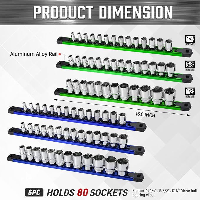 ALOANES 6-Piece Magnetic Socket Organizer, Heavy Duty Aluminum Socket Rails - Image 2