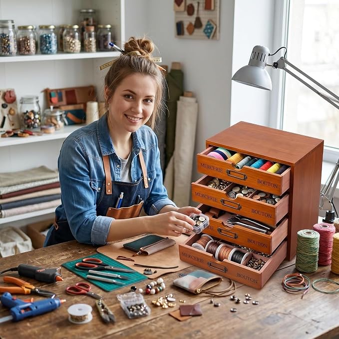 Wesiti 5-drawer Vintage Wooden Desk Organizer, Rustic Apothecary Cabinet - Image 5