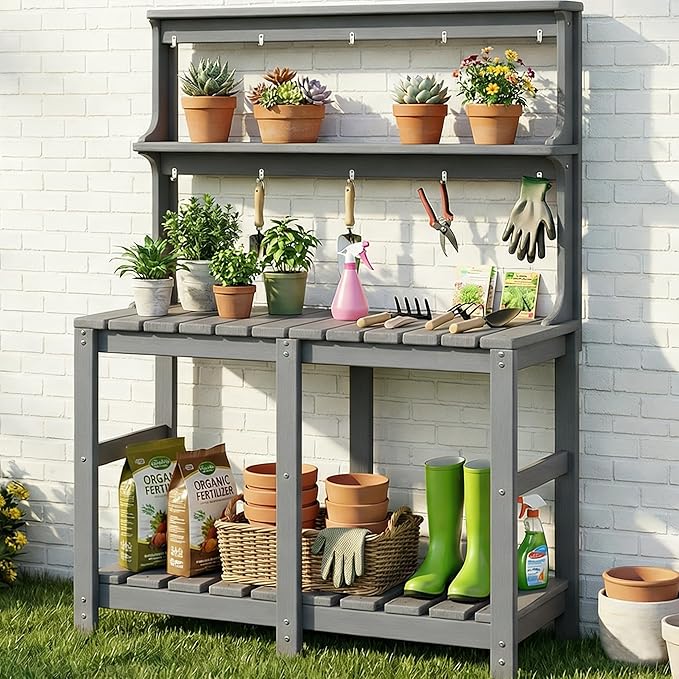Outdoor Potting Bench with 3 Tier, All-Weather Patio Potting Table with Tool by Polyhouz