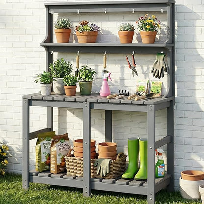 Outdoor Potting Bench with 3 Tier, All-Weather Patio Potting Table with Tool by Polyhouz