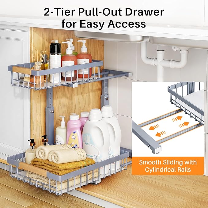 PXRACK Under Sink Organizer, Adjustable Height, 2 Tier Pull Out Under Cabinet - Image 3
