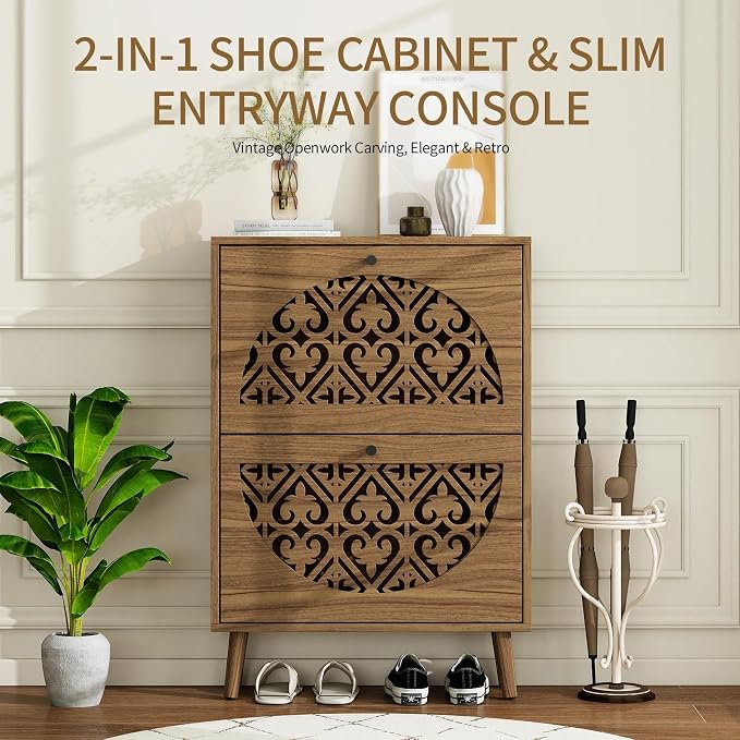 6.7"Ultra-Slim Concealed Shoe Storage Cabinet 2 Flip Drawers Walnut | - Image 5