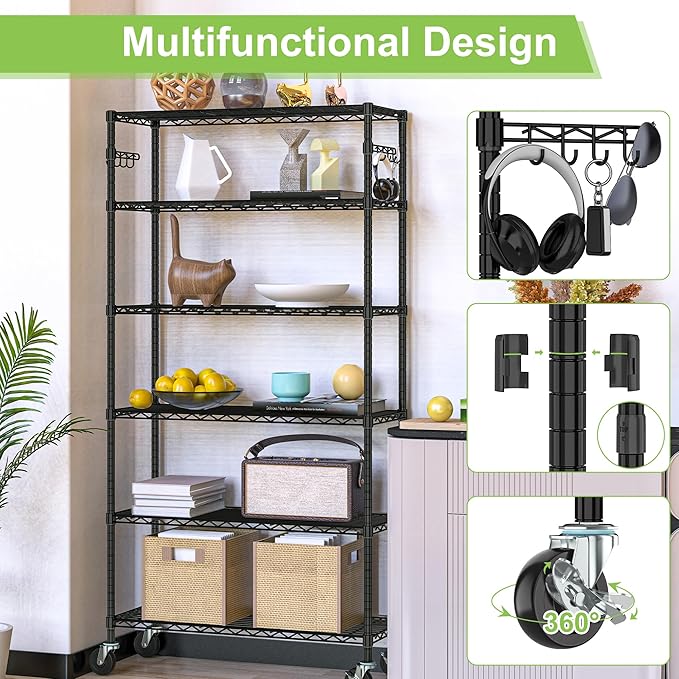 6 Tier Wire Metal Shelving Rack Garage Storage Rolling Shelves - Image 5