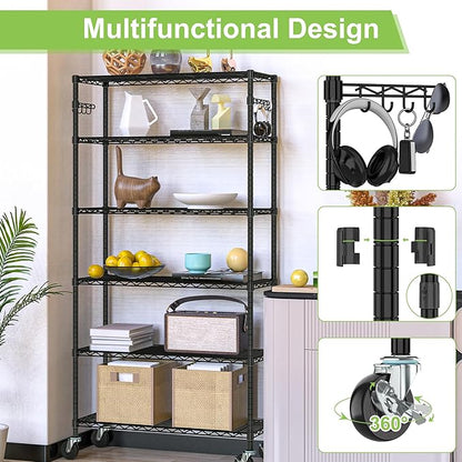 6 Tier Wire Metal Shelving Rack Garage Storage Rolling Shelves - Image 5