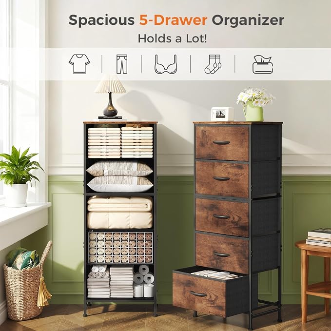 DUMOS Nightstand with 5 Drawers, Bedside Table with Removable Fabric Bins - Image 7