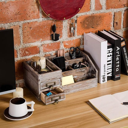 Liry Products Rustic Torched Wooden Desktop Organizer Dark Brown Tabletop - Image 5