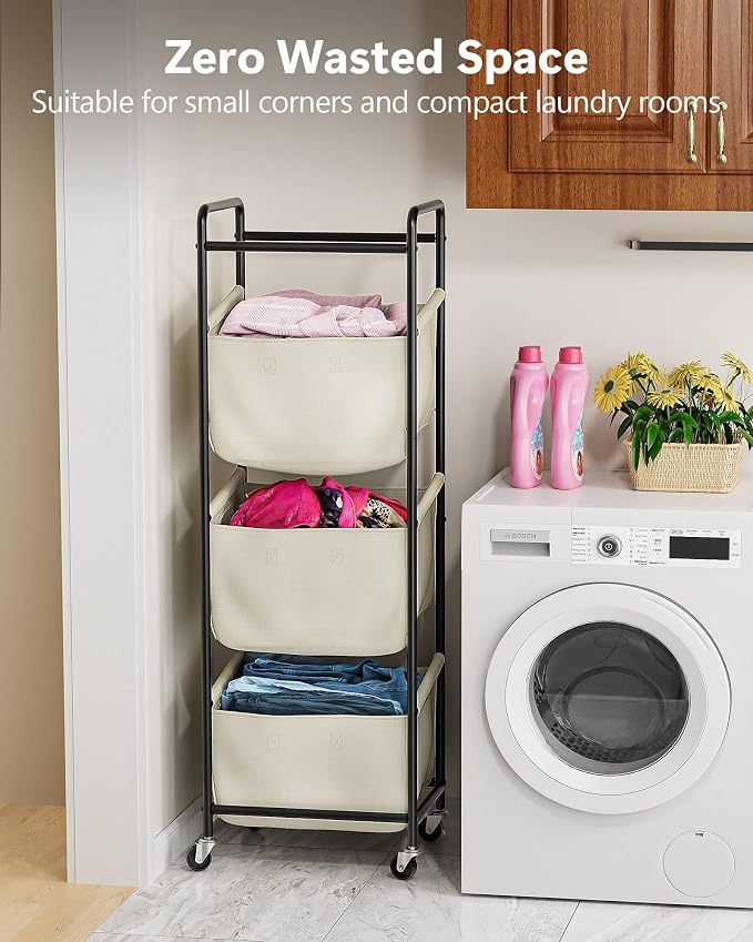 3 Section Laundry Sorter with Removable Bags, 120L Rolling Vertical Laundry - Image 4