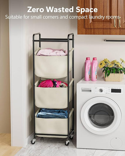 3 Section Laundry Sorter with Removable Bags, 120L Rolling Vertical Laundry - Image 4